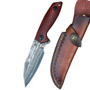 DreamTech D7111RD front view – 3.86" Damascus drop point fixed blade knife, redwood handle, leather sheath