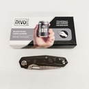 Divo Knives Small Boy Black Pearl Camo Carbon retail box with the closed carbon fiber folding knife