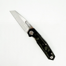 Divo Knives Small Boy open, showing the 3″ satin S90V reverse tanto blade and Black Pearl camo carbon fiber handle
