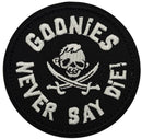 Goonies Never Say Die Pirate Skull Embroidered Morale Patch E-YBSS front view – 3.07″ round pirate skull embroidered patch