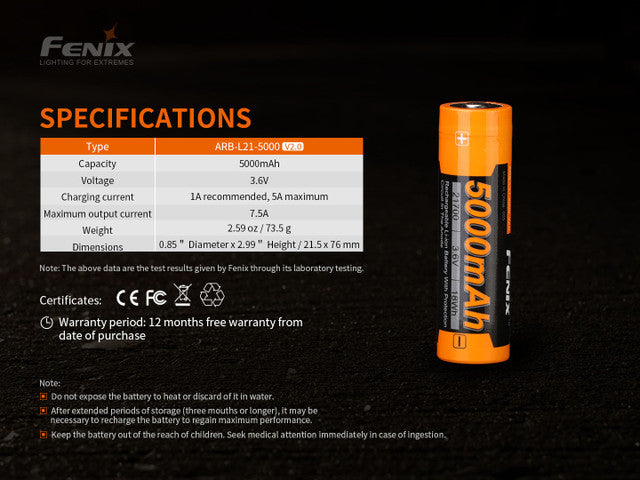 Fenix ARB-L21-5000 V2 – 5000mAh Rechargeable 21700 Li-ion Battery