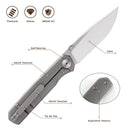 FerraMonster Kroma FM23008-B – 2.95" Satin Elmax Folding Knife, Bead Blast Stonewash Titanium Handle, Frame Lock Gentleman’s EDC