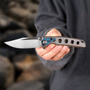 FerraMonster Valken FM23005-B – 3.46" M390 Belt Satin Clip Point Blade, Titanium Frame Lock with Arctic Storm FatCarbon Inlay