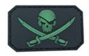 Pirate Skull & Swords Glow Morale Patch G-SJFG front view – 1.97″ x 1.18″ glow-in-the-dark skull and cutlasses 3D PVC patch