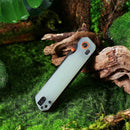 HX OUTDOORS HYLA ZD-120S-B – 2.91" 14C28N Black Blade Button Lock Knife with Natural Green G10 Handle
