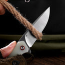 Klaken J146 Ridge J146-JadeG10-Satin blade detail – satin D2 drop point cutting rope