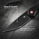 Klaken J147 Virex J147-D-BlackDP-BlackG10 blade detail – black-coated D2 drop point, 60 HRC
