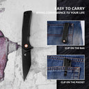 Klaken J147 Virex J147-D-BlackDP-BlackG10 reversible deep-carry pocket clip shown on pocket and bag