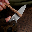 Klaken B05 Hermod J214-RedCarbonTi blade detail – bead-blasted M390 drop point cutting rope