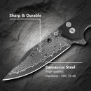 Klaken J284 Noir J284-ShreddedCarbon open position showing Damascus drop point blade