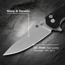 Klaken J285 Stone Fang J285-BlackMicarta open position showing D2 drop point blade