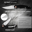 Klaken Corvus J307-BlackG10 feature detail – D2 steel blade, metal screws, anti-slip black G10 handle, pocket clip