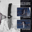 Klaken J313 Riven J313-Damascus-BlackG10 front view – 3.27" Damascus drop point folding knife