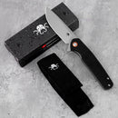 Klaken J326 Varek J326-BlackMicarta closed view with brand box and nylon pouch