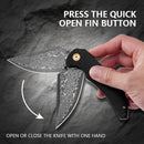 Klaken J337 Ravenor J337-ShreddedCarbon open position showing Damascus drop point blade
