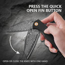 Klaken J338 Askael J338-ShreddedCarbon open position showing Damascus blade