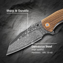 Klaken J338 Askael J338-Zebrawood open position showing Damascus flipper blade