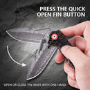 Klaken Tideborn J345-BrownBlackG10 open position showing Damascus blade, brown & black G10 handle