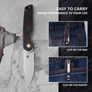 Klaken J354 Warpath J354-BlackRedShreddedCarbon front view – 3.46" stonewashed D2 drop point folding knife