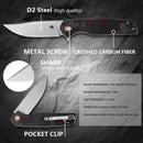 Klaken J354 Warpath J354-BlackRedShreddedCarbon open position showing D2 drop point blade