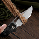 Klaken Vapor J388-BlackShreddedCarbon blade detail – satin D2 drop point edge