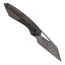 Kansept Strip K1113A4 open position showing Damascus Wharncliffe blade