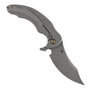 Kansept Gilgamesh K1128A3 open position showing Damascus trailing point blade