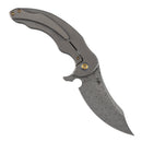 Kansept Gilgamesh K1128A5 open position showing Damascus trailing point blade