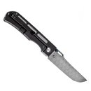 Folded Damascus knife showing handle with pocket clip and locking mechanism