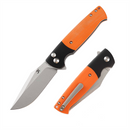 Orange and black folding knife with clip point blade and button lock