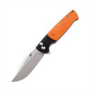 Close-up of orange handle folding knife with clip point blade