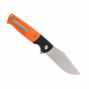 Side view of orange and black folding knife with clip point blade