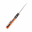 Side view of orange and black pocket knife with stainless steel blade for camping
