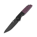 Close-up of purple G10 handle and black blade folding knife