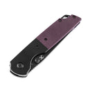 Purple G10 handle with black blade folding knife in closed position