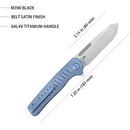 KB Steelhead Folding Knife 3.15" M390 Reverse Tanto Belt Satin Blade Blue Titanium Handle KB315C