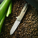 KB Steelhead Folding Knife 3.15" M390 Reverse Tanto Belt Satin Blade Bronze Titanium Handle KB315D