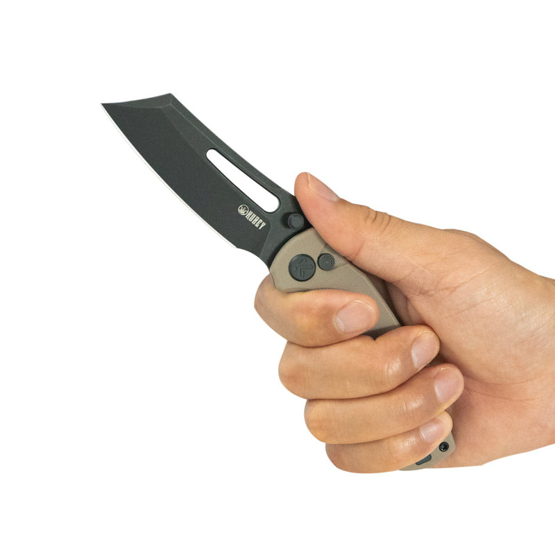 Kubey Dheo Liner Lock Flipper Folding Knife Beige G10 Handle 3.15" Blackwash 14C28N Drop Point KU378D