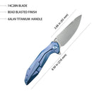 Kubey Nova Folding Knife 3.66" 14C28N Drop Point Bead Blasted Blade Blue Titanium Handle KB235C