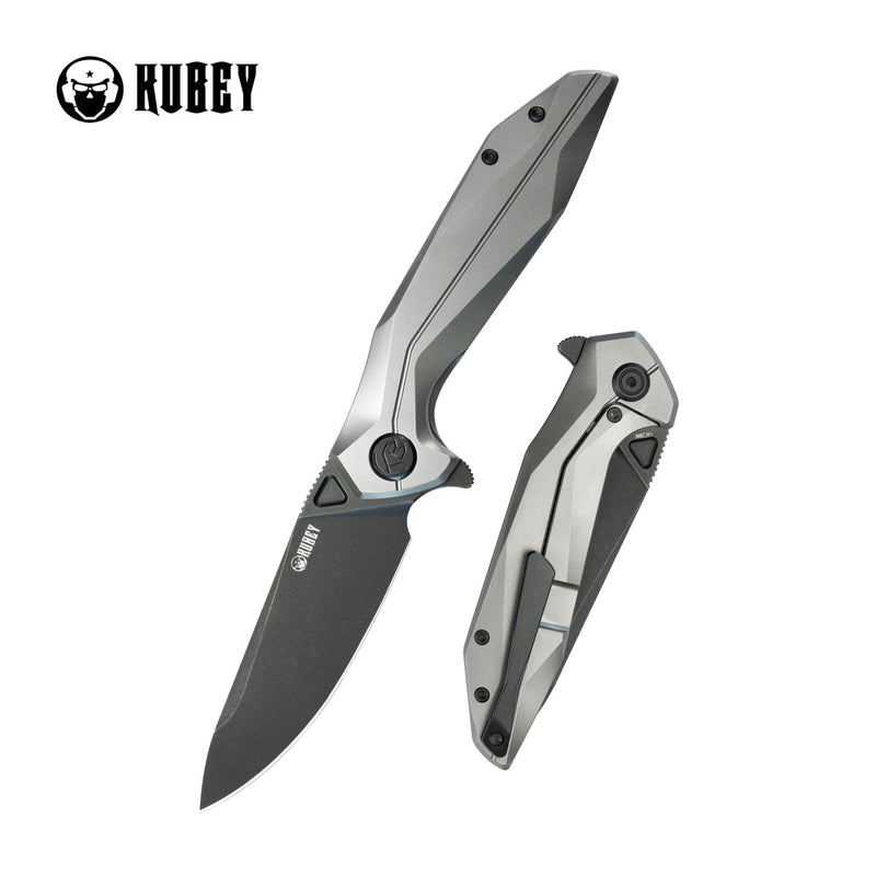 Kubey Nova Folding Knife 3.66" 14C28N Drop Point Darkwashed Blade Gray Titanium Handle KB235E
