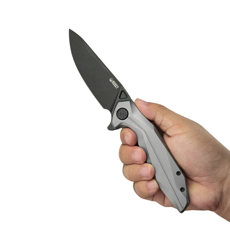 Kubey Nova Folding Knife 3.66" 14C28N Drop Point Darkwashed Blade Gray Titanium Handle KB235E