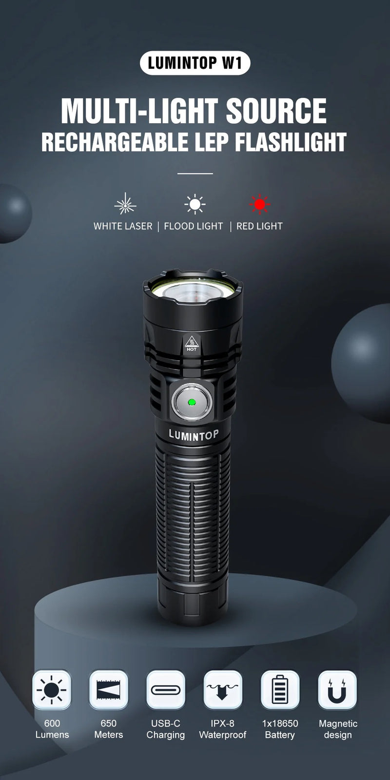 Lumintop W1 Multi-Light Silver – LED + LEP USB‑C Rechargeable