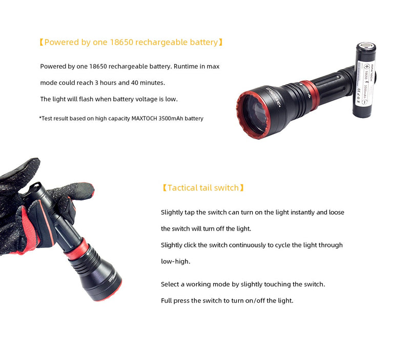 MAXTOCH LA40 Compact Zoom LEP Flashlight – 1800m Throw, 18650 Powered