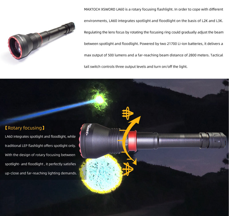 MAXTOCH LA60 Rotary Focusing LEP Flashlight – 2800m Throw, Zoomable Beam
