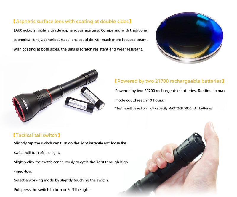 MAXTOCH LA60 Rotary Focusing LEP Flashlight – 2800m Throw, Zoomable Beam