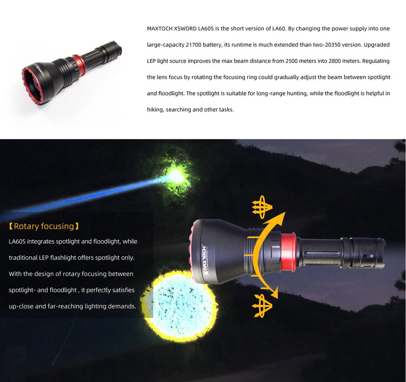 MAXTOCH LA60S Compact Zooming LEP Flashlight – 2800m Throw, 1×21700 Battery