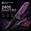 North Mountain Blade 2406-GLOWCF-DLC folding knife fully open showing DLC tanto blade and UV-reactive carbon fiber handles