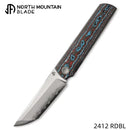 North Mountain Blade CHOP 4 Front Flipper 3.5" SLD San Mai Tanto Blade Red & Blue Ceramic Carbon Fiber Handle 2412-RDBL