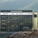 Olight ArkPro Ultra specifications – pure flood, spotlight, strobe and UV output and runtime across turbo, high, medium, low and moonlight