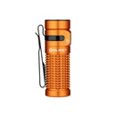 Olight Baton 4 Orange upright side view showing Olight branding, textured body and pocket clip